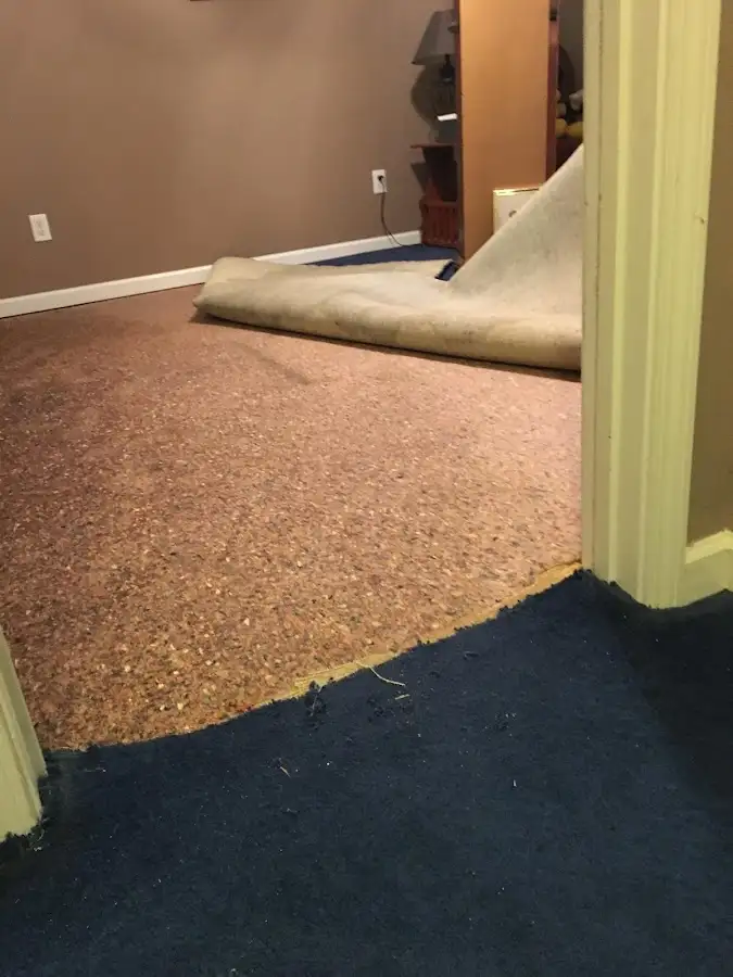 Carpet pad removal revealing water damage during Drying & Dehumidification in Davis